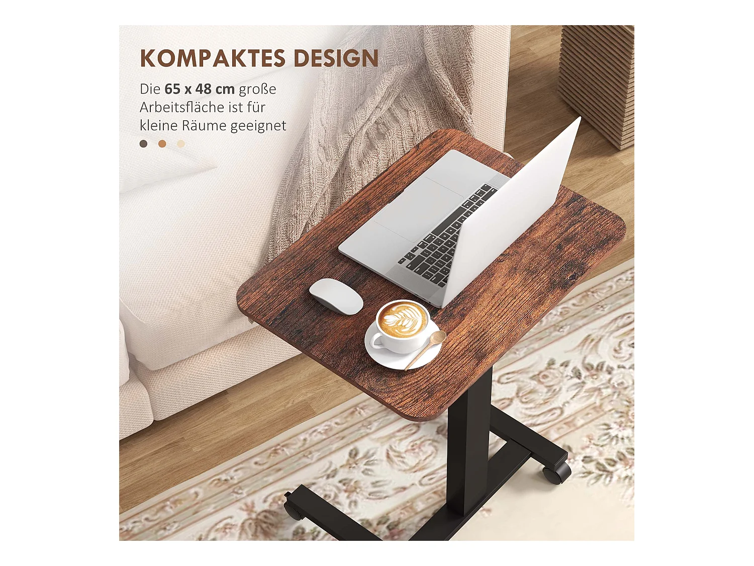 Table de travail réglable en hauteur, avec 4 roulettes, 2 freins, Panneau de particules, Rustique-Brun (65x48x108 cm)