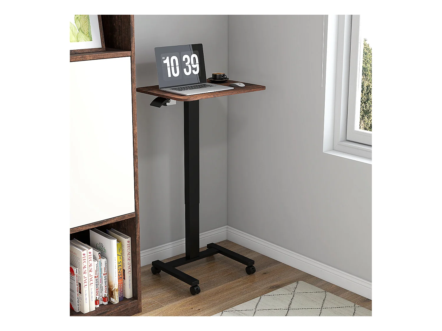 Table de travail réglable en hauteur, avec 4 roulettes, 2 freins, Panneau de particules, Rustique-Brun (65x48x108 cm)