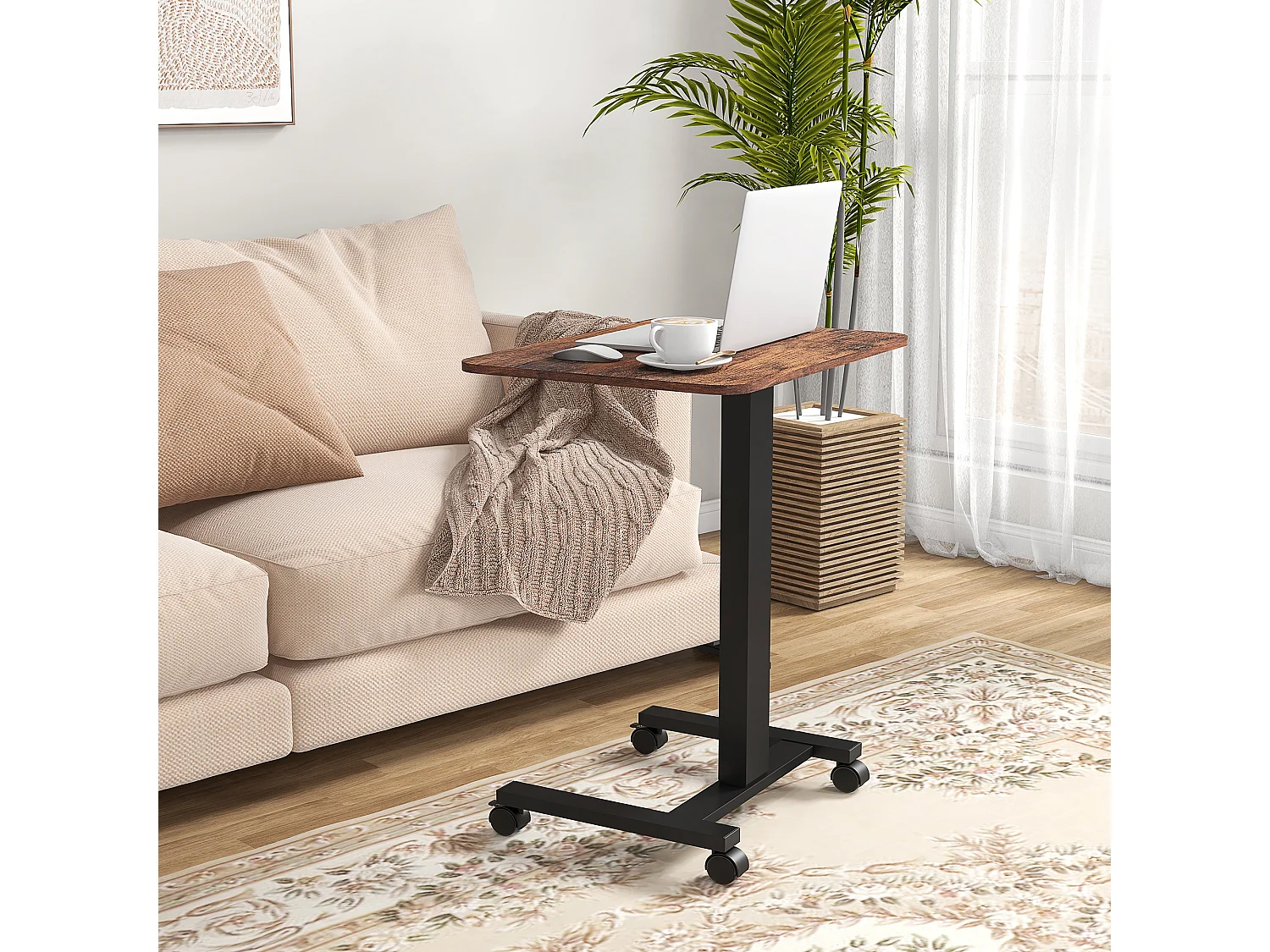 Table de travail réglable en hauteur, avec 4 roulettes, 2 freins, Panneau de particules, Rustique-Brun (65x48x108 cm)