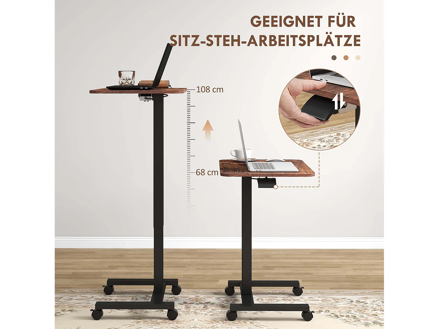 Table de travail réglable en hauteur, avec 4 roulettes, 2 freins, Panneau de particules, Rustique-Brun (65x48x108 cm)