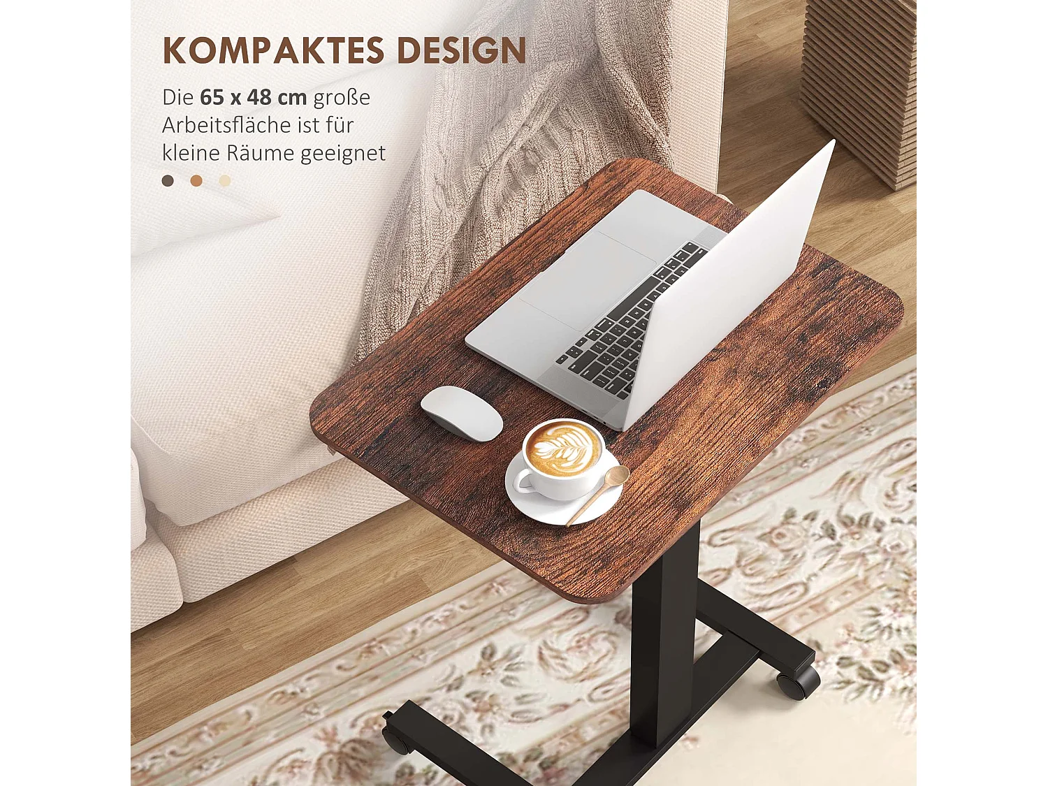 Table de travail réglable en hauteur, avec 4 roulettes, 2 freins, Panneau de particules, Rustique-Brun (65x48x108 cm)