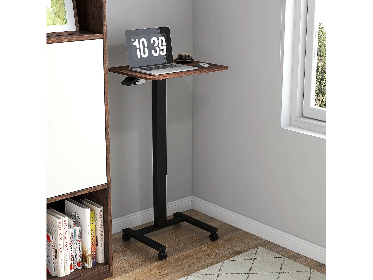 Table de travail réglable en hauteur, avec 4 roulettes, 2 freins, Panneau de particules, Rustique-Brun (65x48x108 cm)