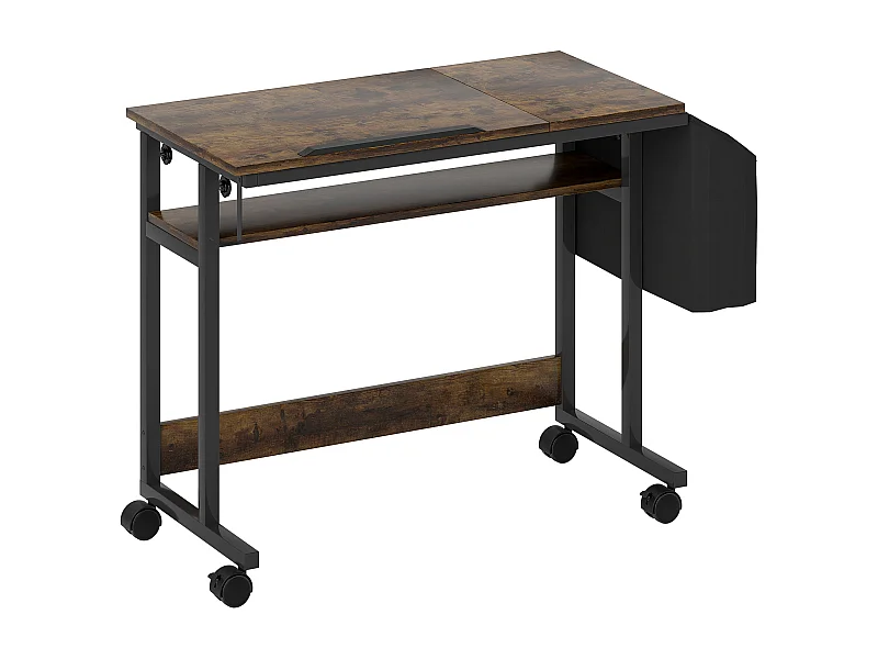 In hoogte verstelbaar bureau met wielen en opbergruimte, kantelbaar oppervlak, metaal en hout, rustiek bruin (92x40x67,5-104 cm)