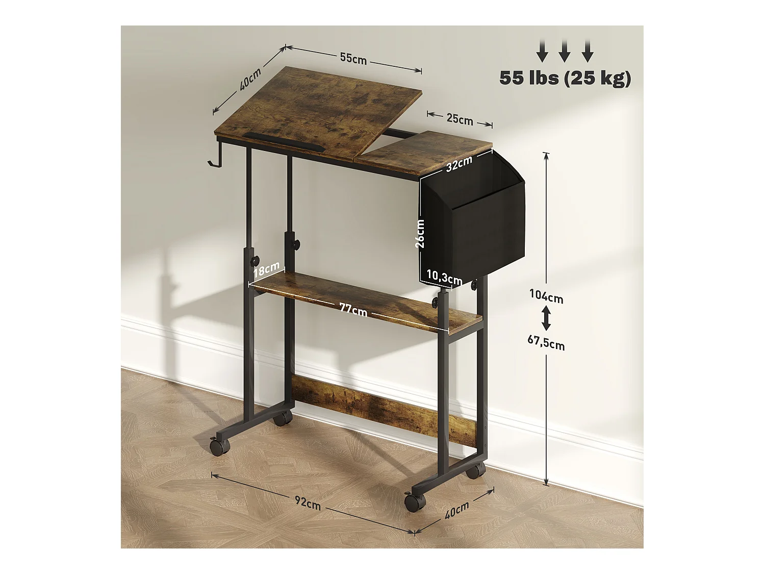 In hoogte verstelbaar bureau met wielen en opbergruimte, kantelbaar oppervlak, metaal en hout, rustiek bruin (92x40x67,5-104 cm)