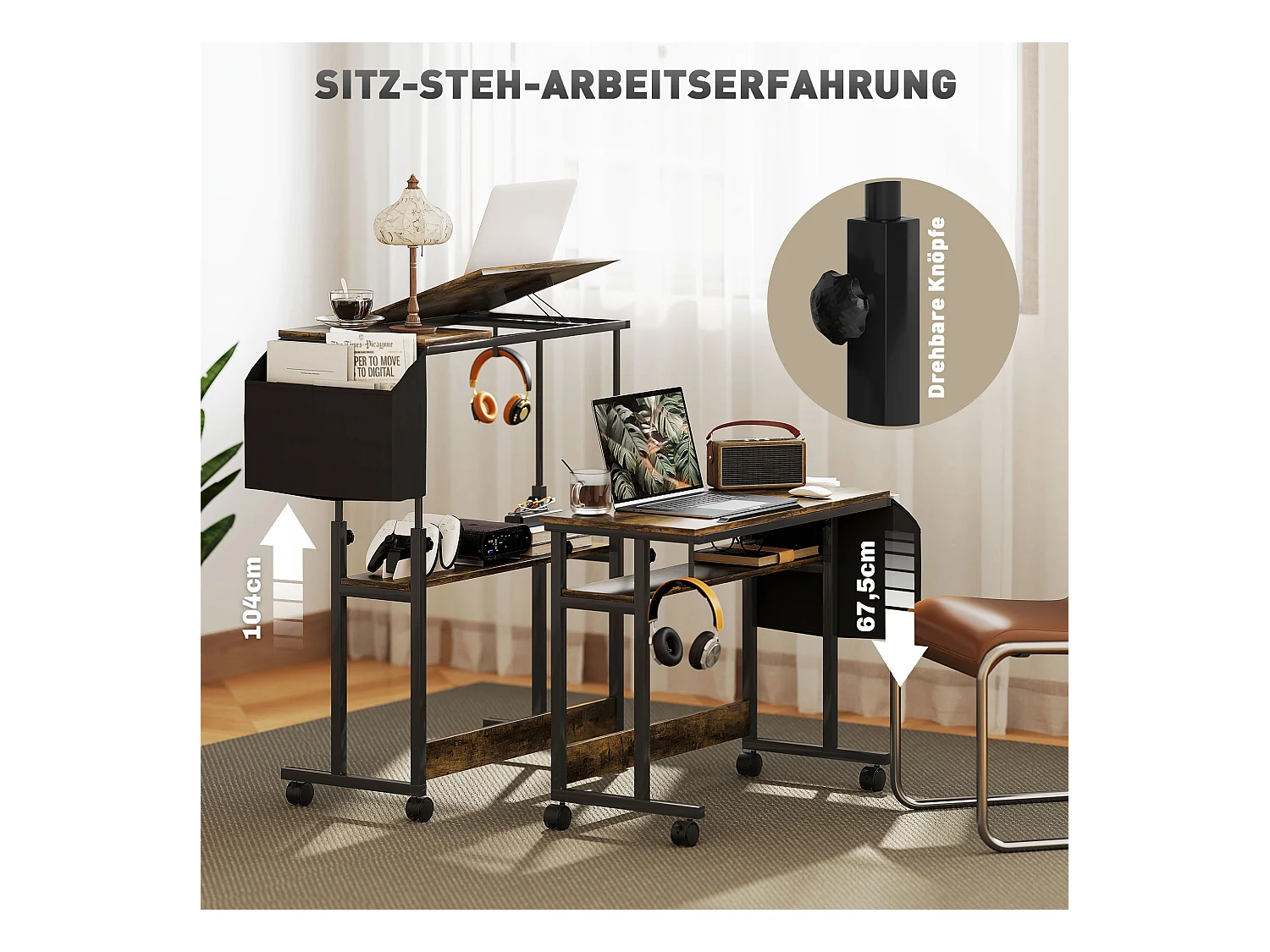 In hoogte verstelbaar bureau met wielen en opbergruimte, kantelbaar oppervlak, metaal en hout, rustiek bruin (92x40x67,5-104 cm)