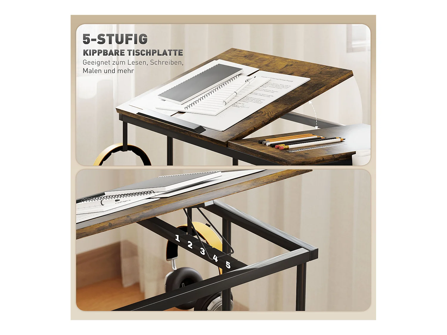 In hoogte verstelbaar bureau met wielen en opbergruimte, kantelbaar oppervlak, metaal en hout, rustiek bruin (92x40x67,5-104 cm)