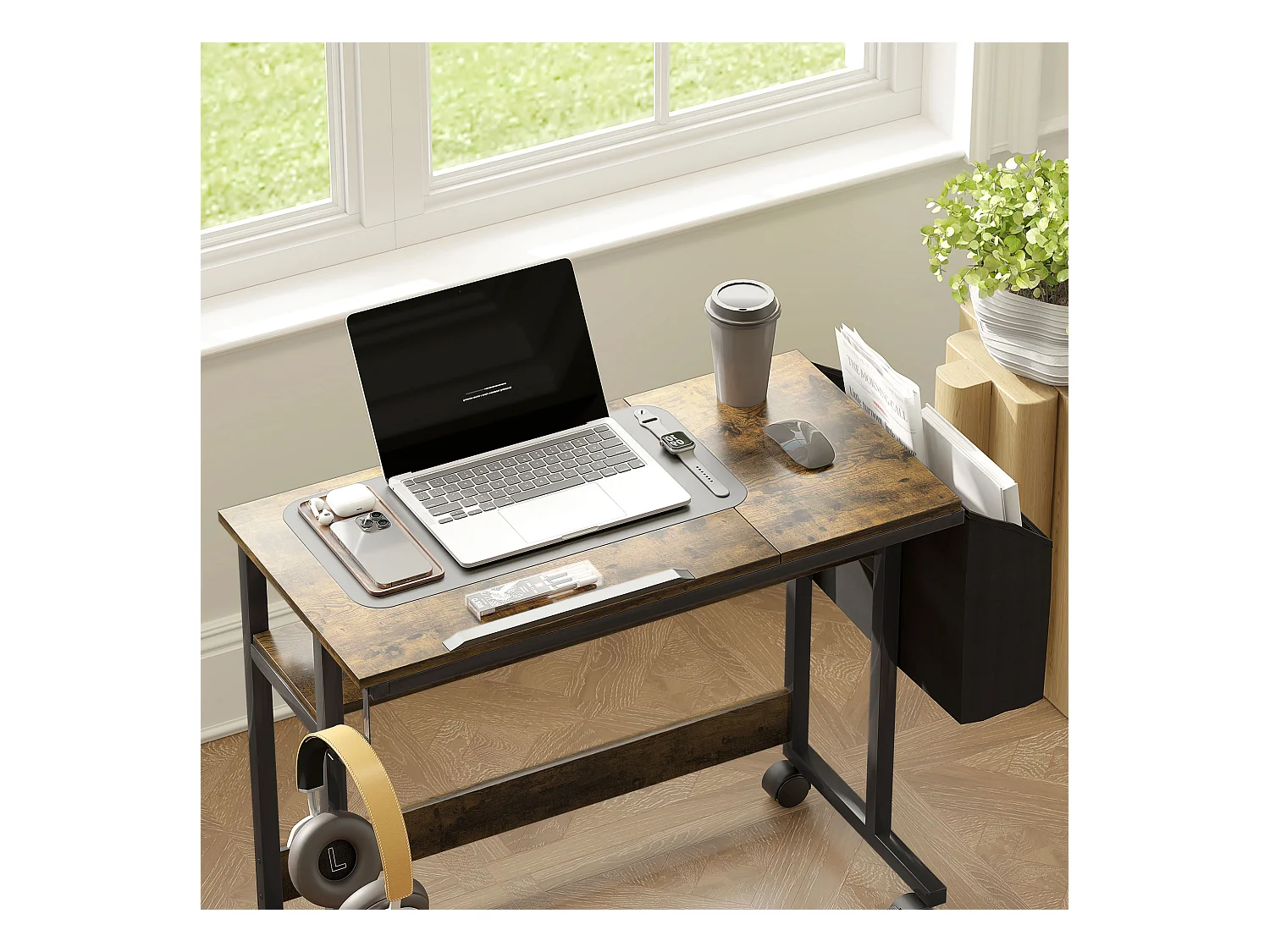 In hoogte verstelbaar bureau met wielen en opbergruimte, kantelbaar oppervlak, metaal en hout, rustiek bruin (92x40x67,5-104 cm)