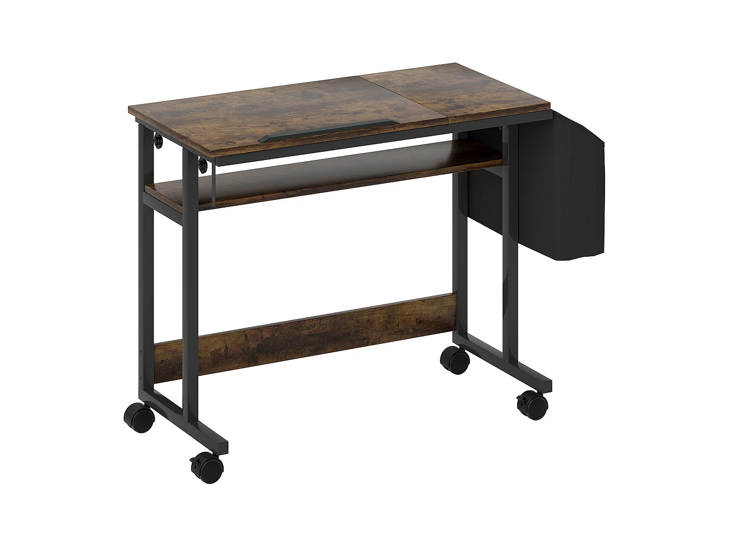Bureau réglable en hauteur, avec roulettes et rangement, surface inclinable, métal et bois, brun rustique (92x40x67.5-104 cm)