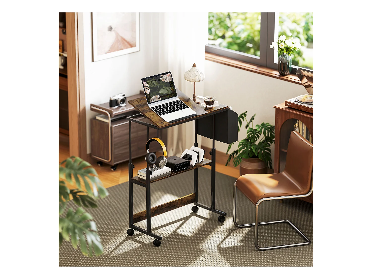 Bureau réglable en hauteur, avec roulettes et rangement, surface inclinable, métal et bois, brun rustique (92x40x67.5-104 cm)