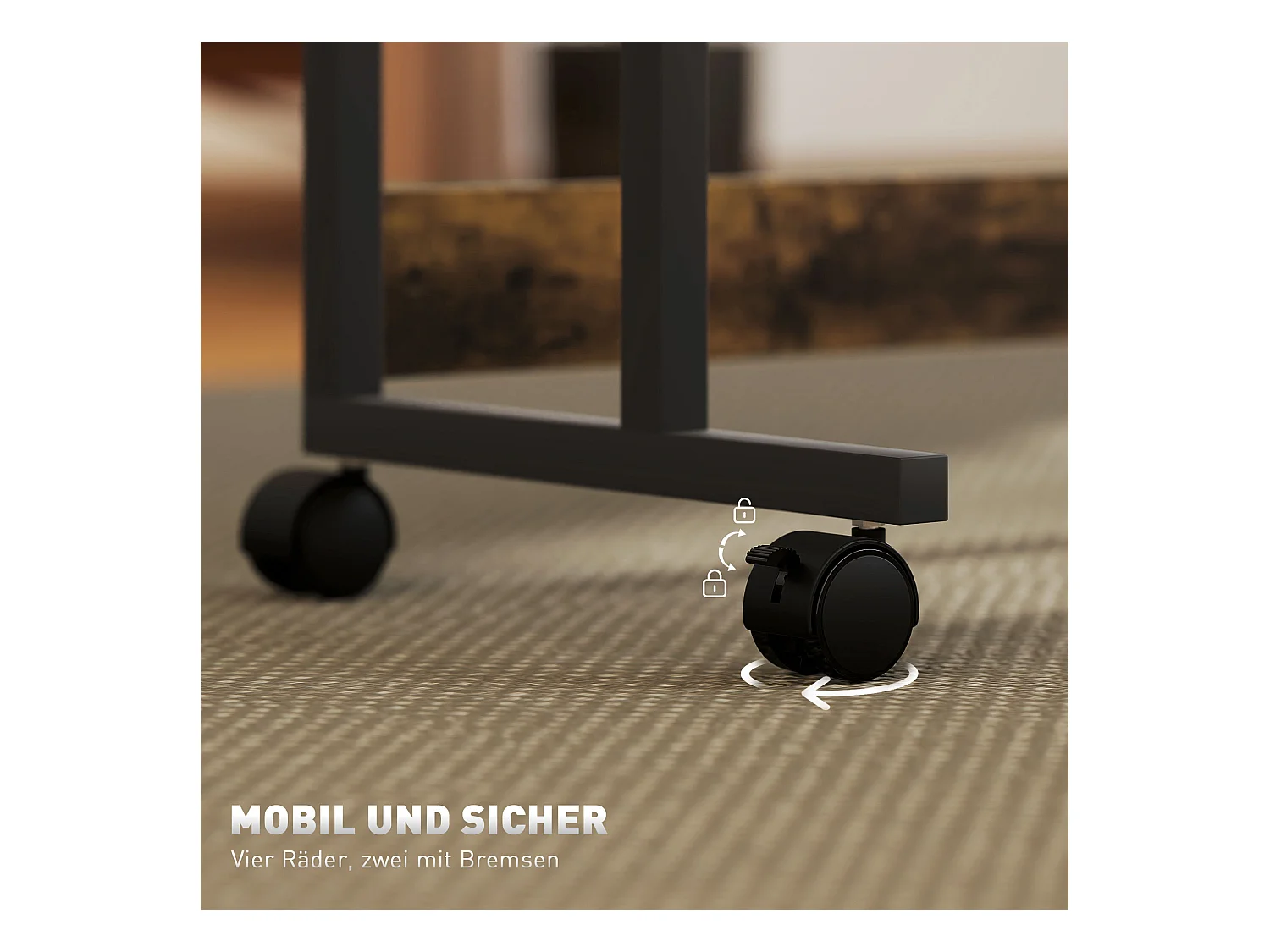 Bureau réglable en hauteur, avec roulettes et rangement, surface inclinable, métal et bois, brun rustique (92x40x67.5-104 cm)