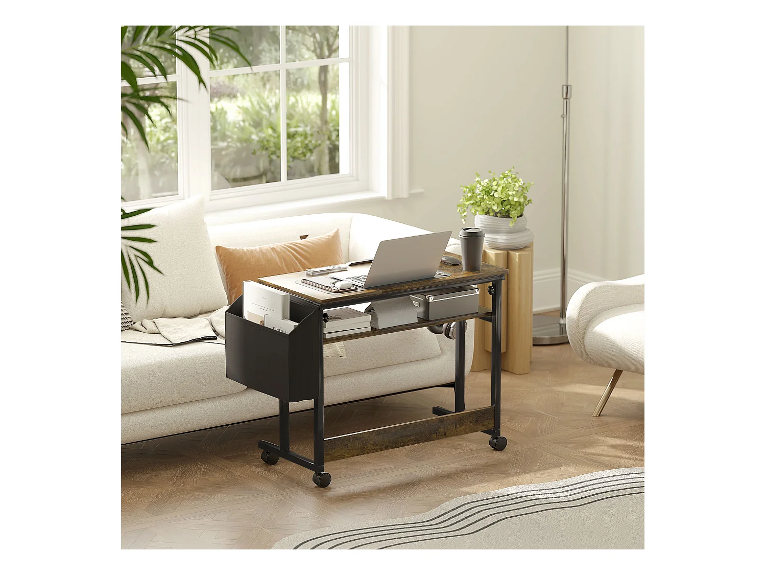 Bureau réglable en hauteur, avec roulettes et rangement, surface inclinable, métal et bois, brun rustique (92x40x67.5-104 cm)