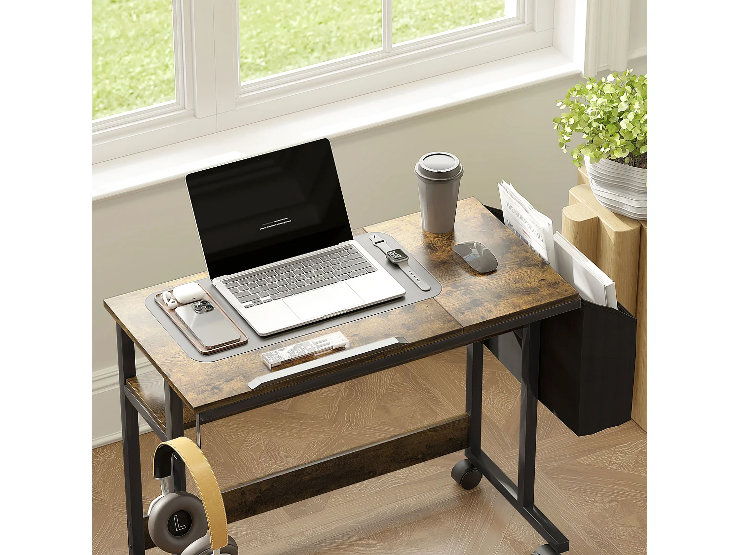 Bureau réglable en hauteur, avec roulettes et rangement, surface inclinable, métal et bois, brun rustique (92x40x67.5-104 cm)