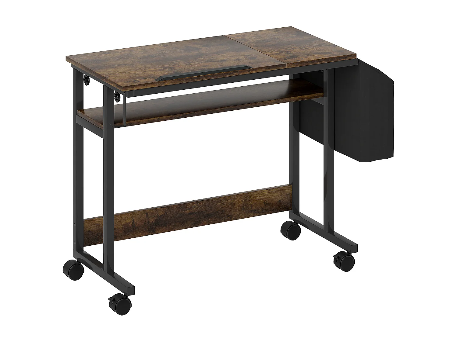 Bureau réglable en hauteur, avec roulettes et rangement, surface inclinable, métal et bois, brun rustique (92x40x67.5-104 cm)