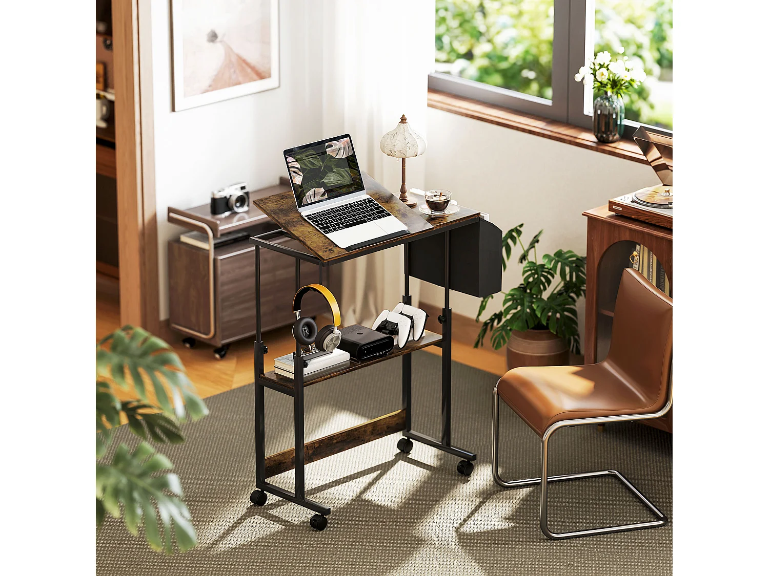 Bureau réglable en hauteur, avec roulettes et rangement, surface inclinable, métal et bois, brun rustique (92x40x67.5-104 cm)