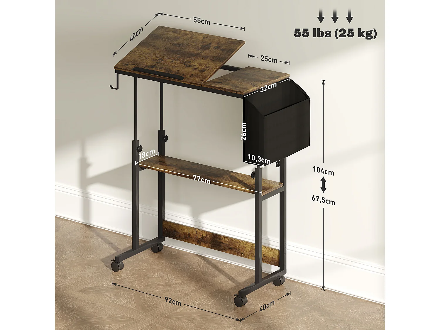 Bureau réglable en hauteur, avec roulettes et rangement, surface inclinable, métal et bois, brun rustique (92x40x67.5-104 cm)