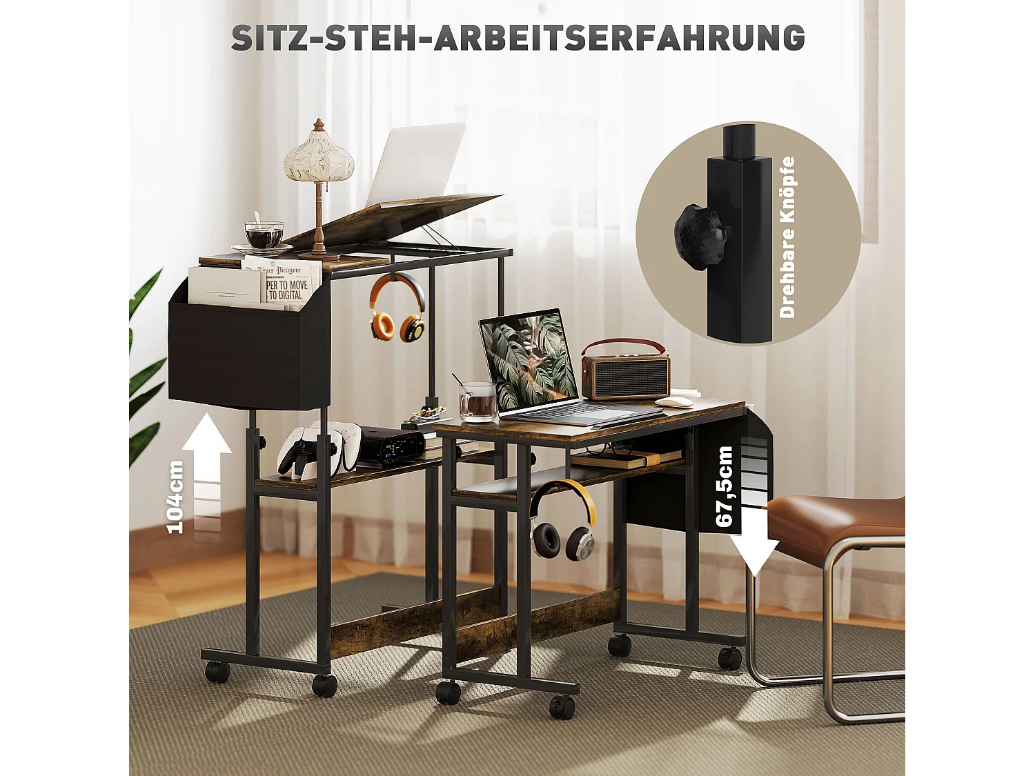Bureau réglable en hauteur, avec roulettes et rangement, surface inclinable, métal et bois, brun rustique (92x40x67.5-104 cm)