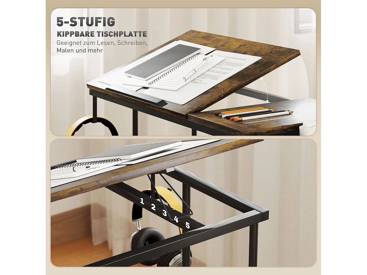 Bureau réglable en hauteur, avec roulettes et rangement, surface inclinable, métal et bois, brun rustique (92x40x67.5-104 cm)