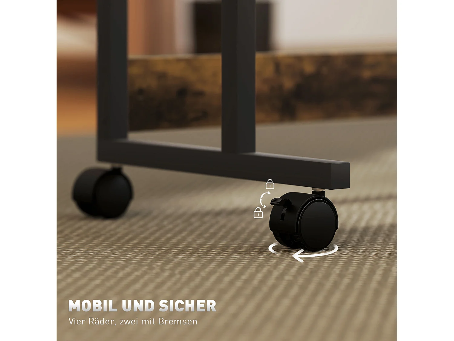 Bureau réglable en hauteur, avec roulettes et rangement, surface inclinable, métal et bois, brun rustique (92x40x67.5-104 cm)