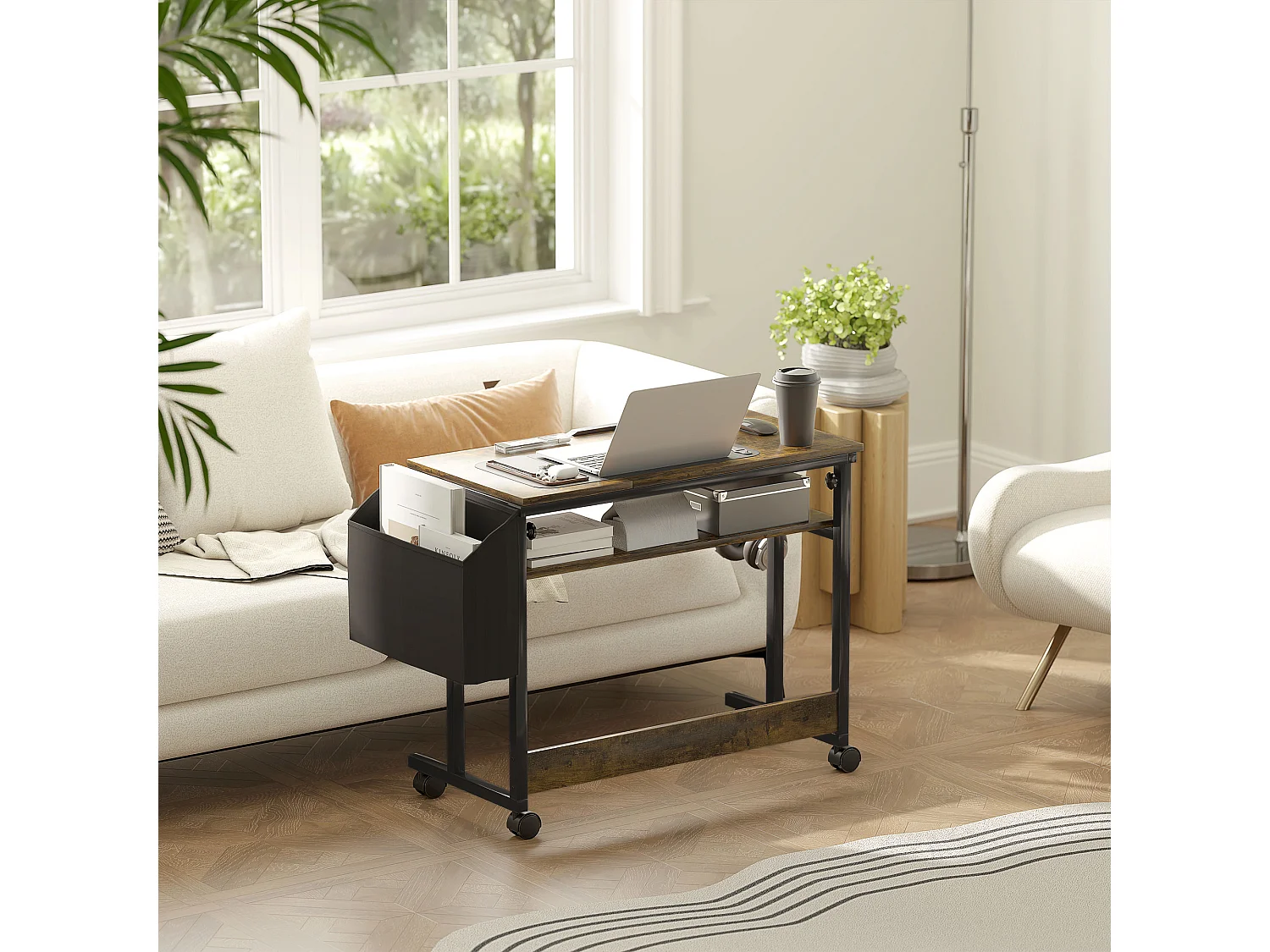 Bureau réglable en hauteur, avec roulettes et rangement, surface inclinable, métal et bois, brun rustique (92x40x67.5-104 cm)