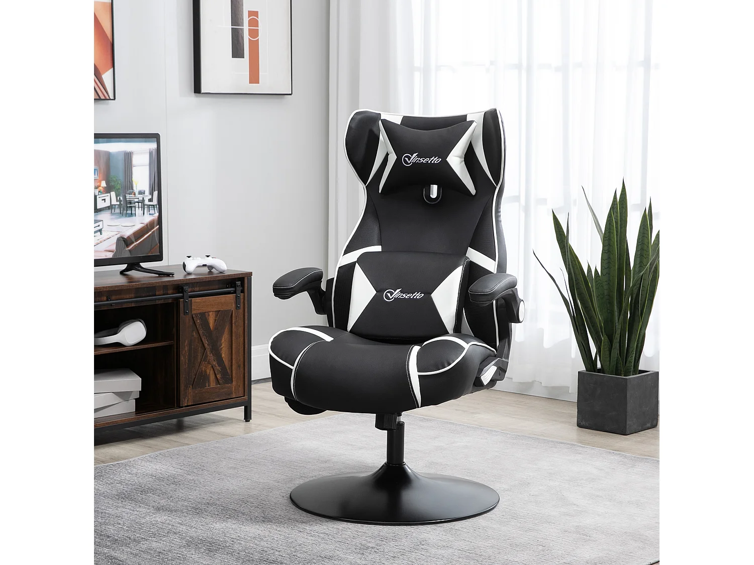 Chaise gaming avec fonction basculante, réglable en hauteur, avec haut-parleurs, soutien lombaire et cervical, simili cuir blanc (69x73x112-118 cm)