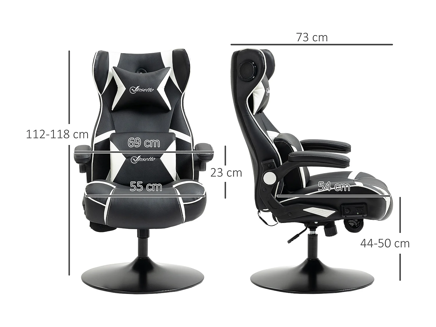 Chaise gaming avec fonction basculante, réglable en hauteur, avec haut-parleurs, soutien lombaire et cervical, simili cuir blanc (69x73x112-118 cm)