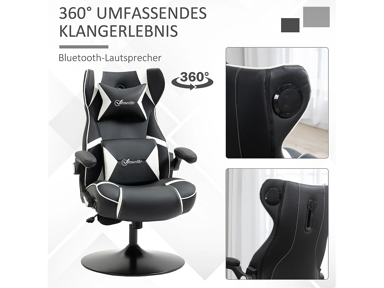 Chaise gaming avec fonction basculante, réglable en hauteur, avec haut-parleurs, soutien lombaire et cervical, simili cuir blanc (69x73x112-118 cm)