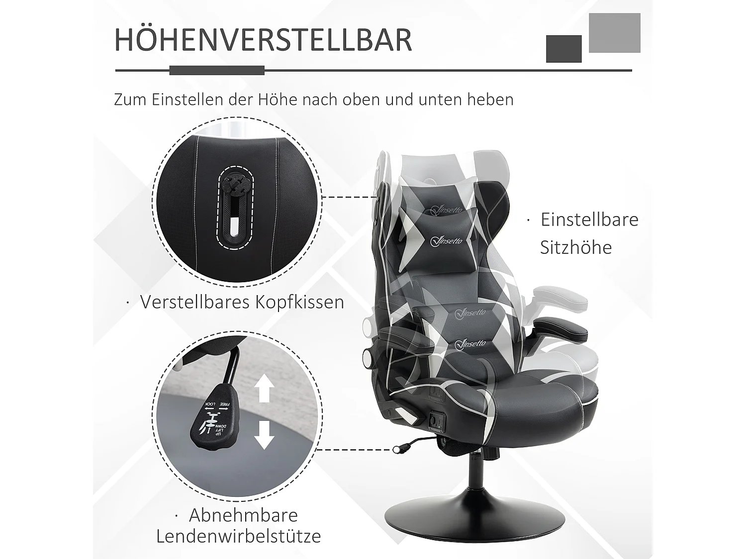 Chaise gaming avec fonction basculante, réglable en hauteur, avec haut-parleurs, soutien lombaire et cervical, simili cuir blanc (69x73x112-118 cm)