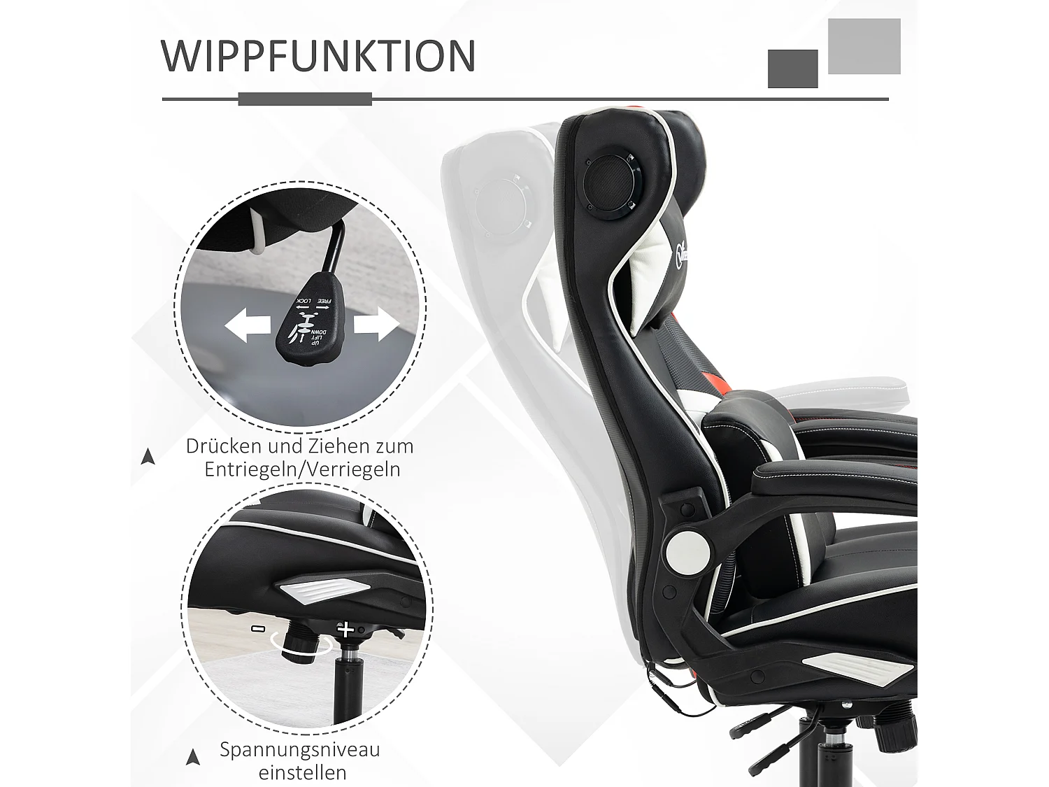 Chaise gaming avec fonction basculante, réglable en hauteur, avec haut-parleurs, soutien lombaire et cervical, simili cuir blanc (69x73x112-118 cm)