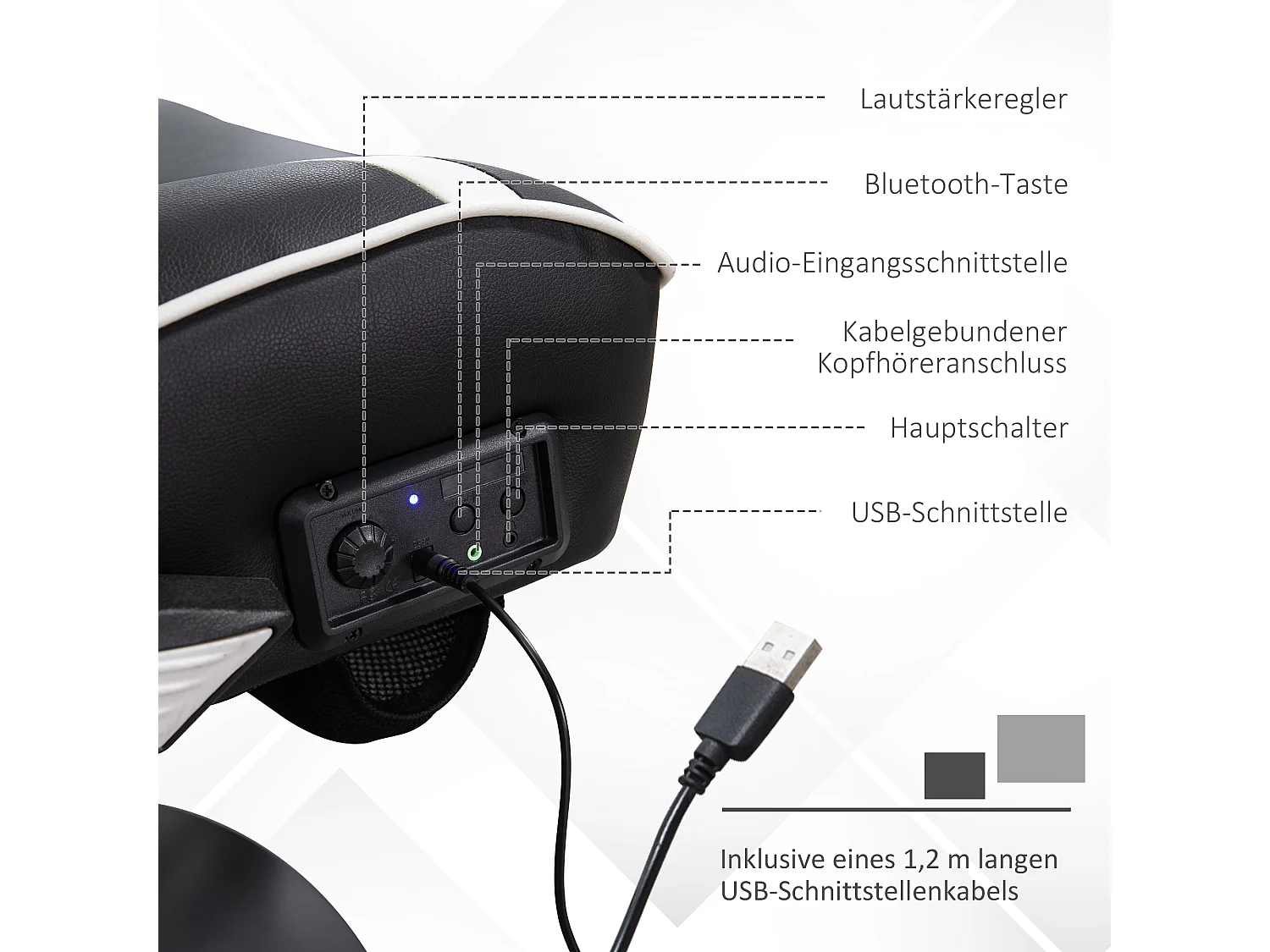 Chaise gaming avec fonction basculante, réglable en hauteur, avec haut-parleurs, soutien lombaire et cervical, simili cuir blanc (69x73x112-118 cm)