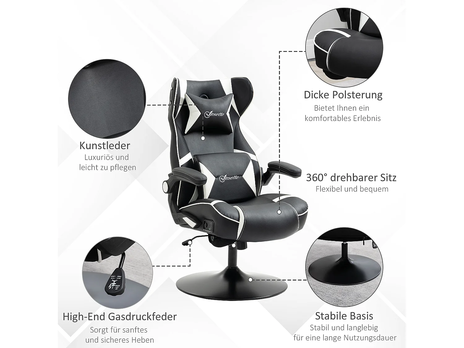 Chaise gaming avec fonction basculante, réglable en hauteur, avec haut-parleurs, soutien lombaire et cervical, simili cuir blanc (69x73x112-118 cm)