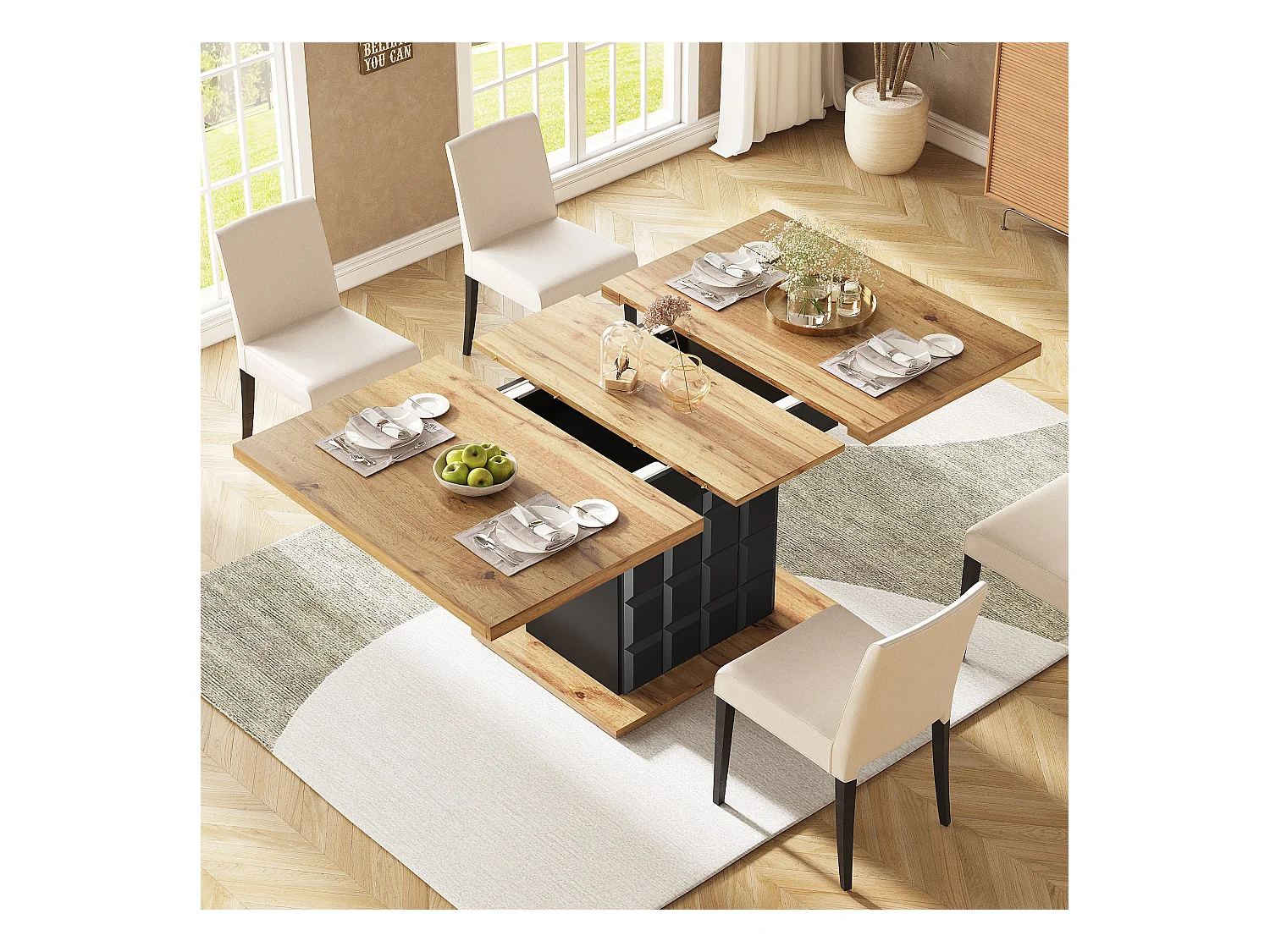 Table extensible, table de salle à manger pliante avec rangement, design moderne, MDF, noir et naturel (110-140x80x75 cm)