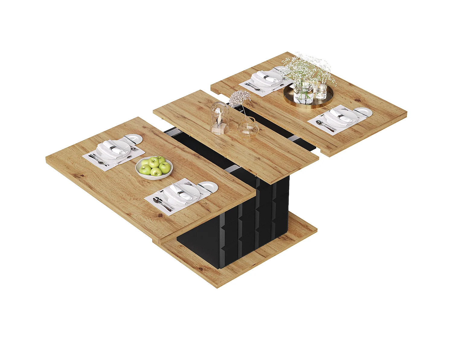 Table extensible, table de salle à manger pliante avec rangement, design moderne, MDF, noir et naturel (110-140x80x75 cm)