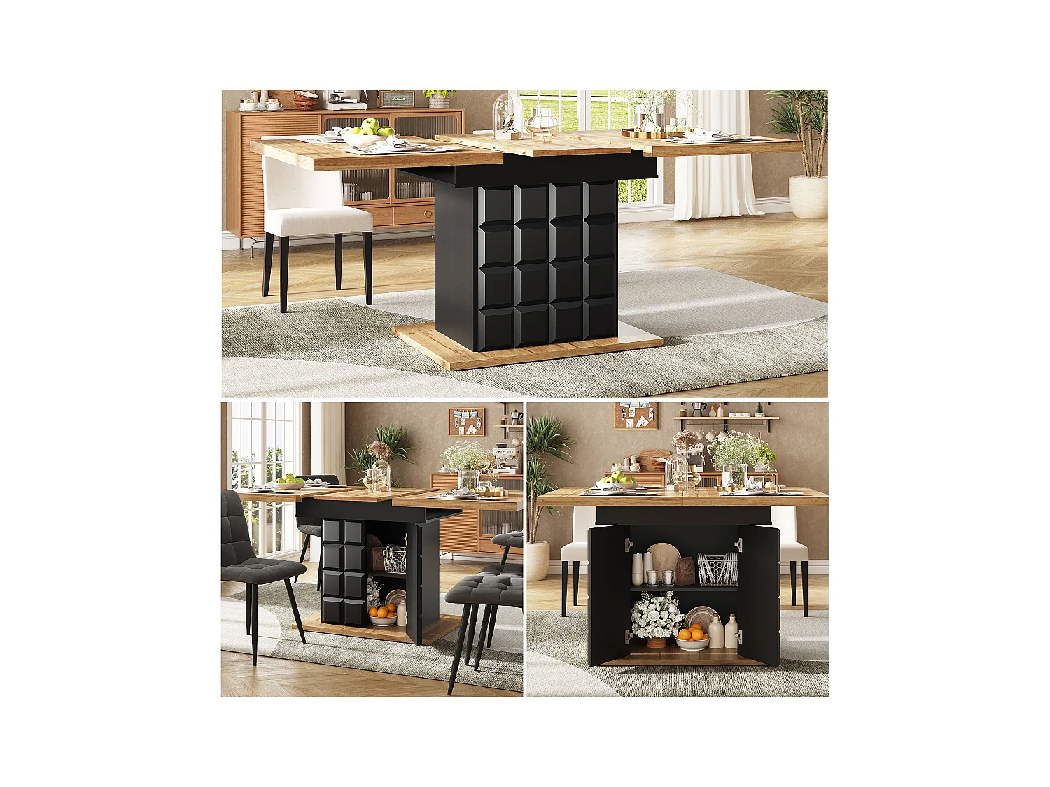 Table extensible, table de salle à manger pliante avec rangement, design moderne, MDF, noir et naturel (110-140x80x75 cm)