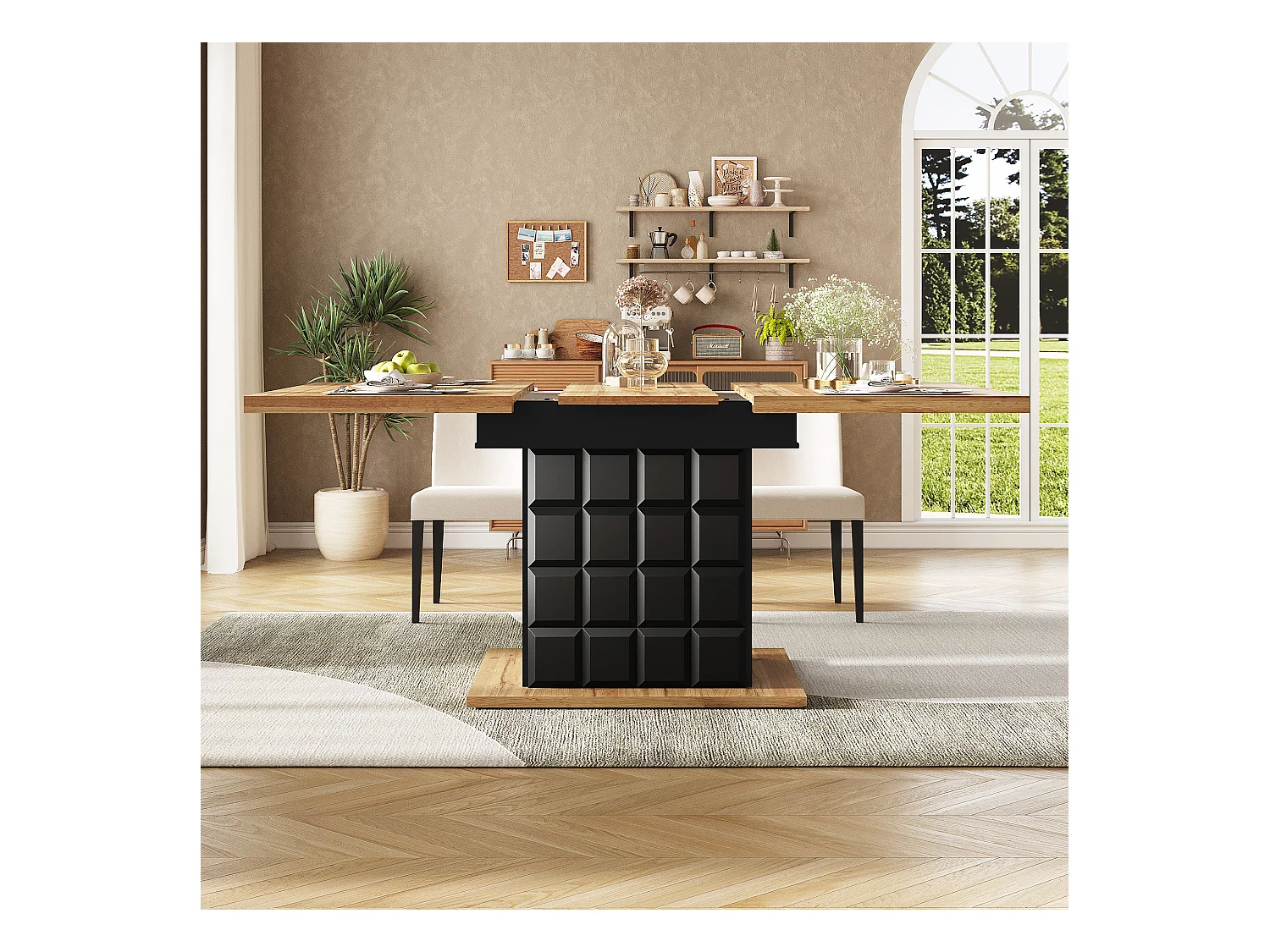 Table extensible, table de salle à manger pliante avec rangement, design moderne, MDF, noir et naturel (110-140x80x75 cm)