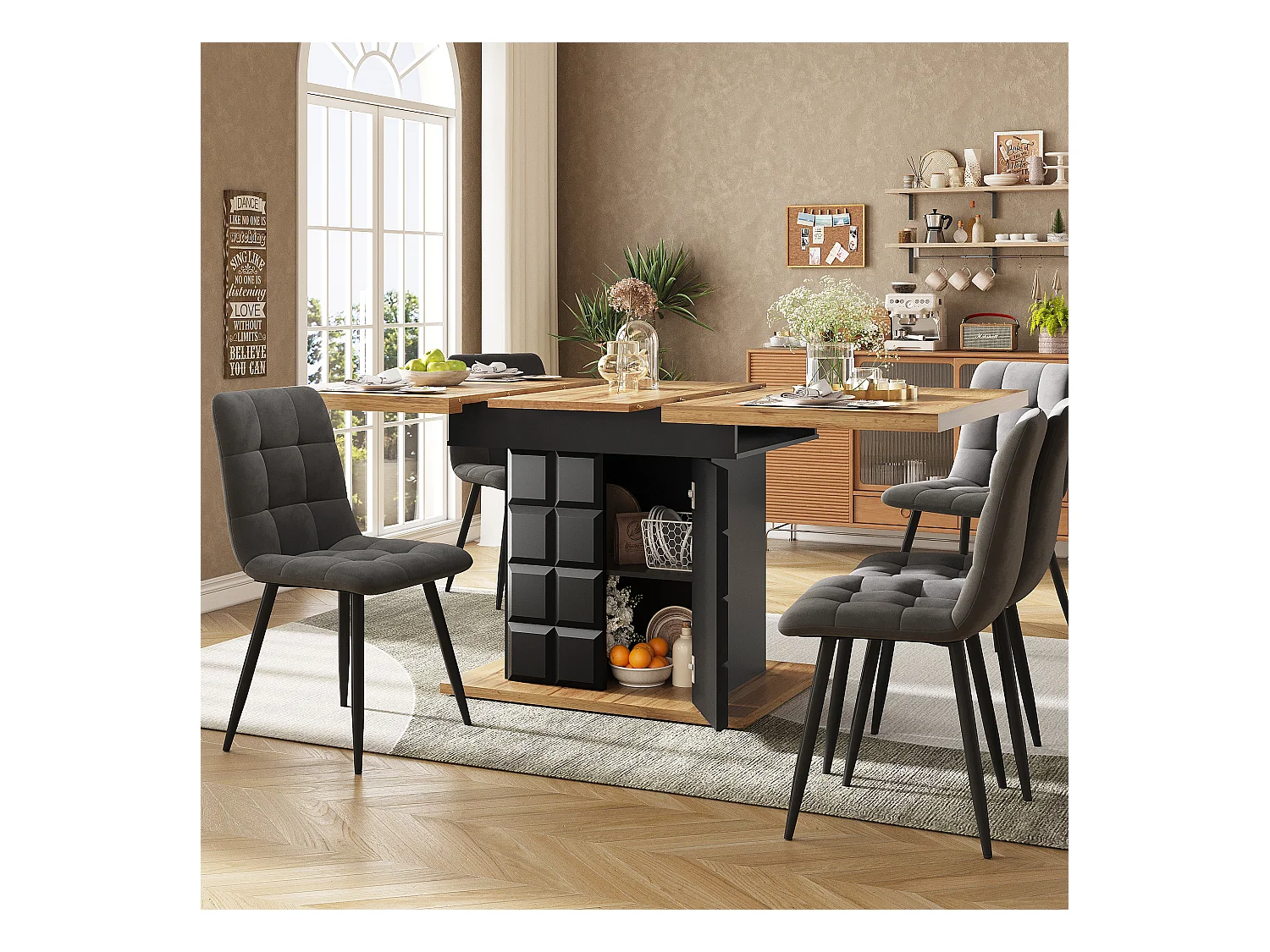 Table extensible, table de salle à manger pliante avec rangement, design moderne, MDF, noir et naturel (110-140x80x75 cm)