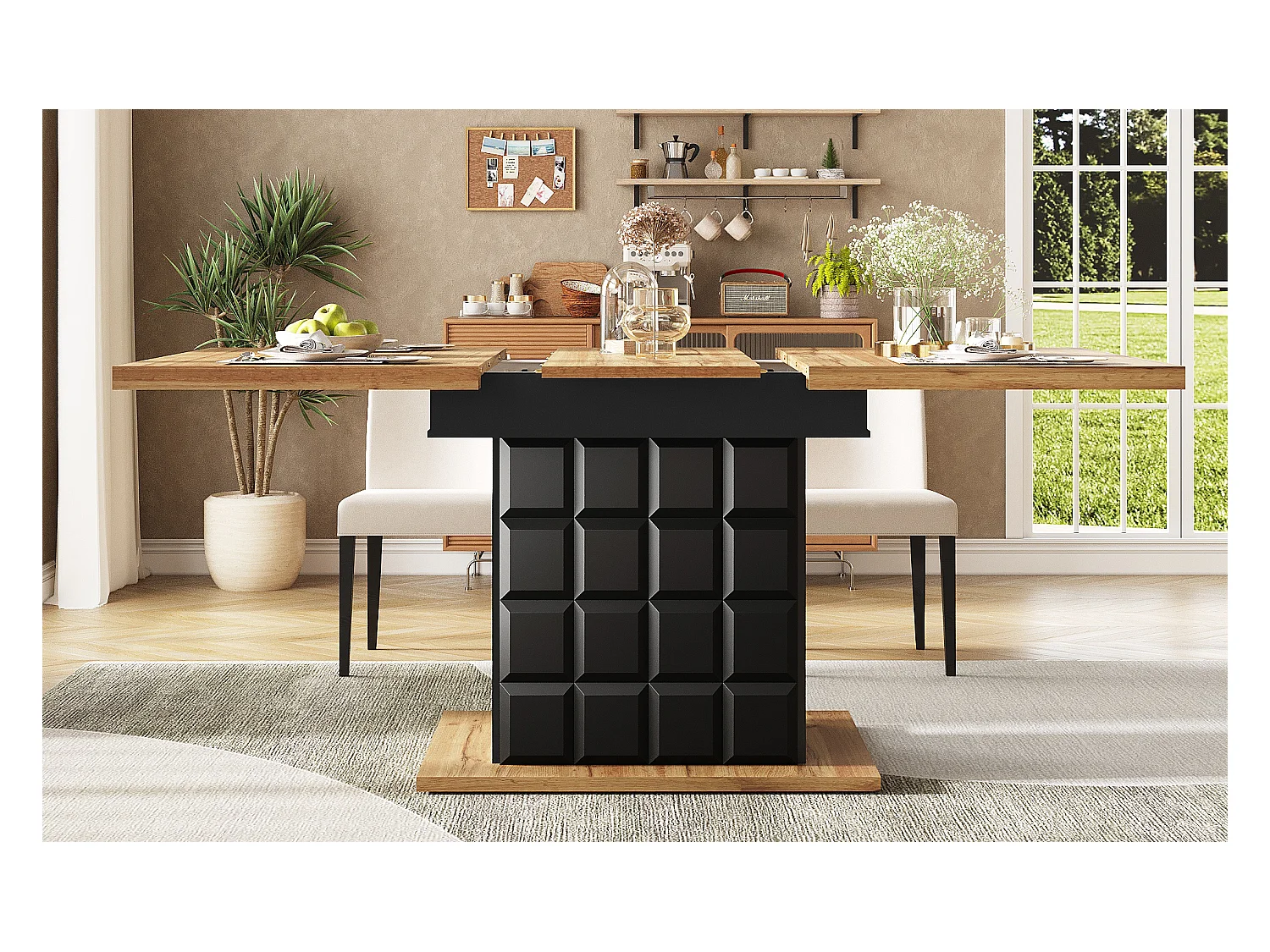 Table extensible, table de salle à manger pliante avec rangement, design moderne, MDF, noir et naturel (110-140x80x75 cm)