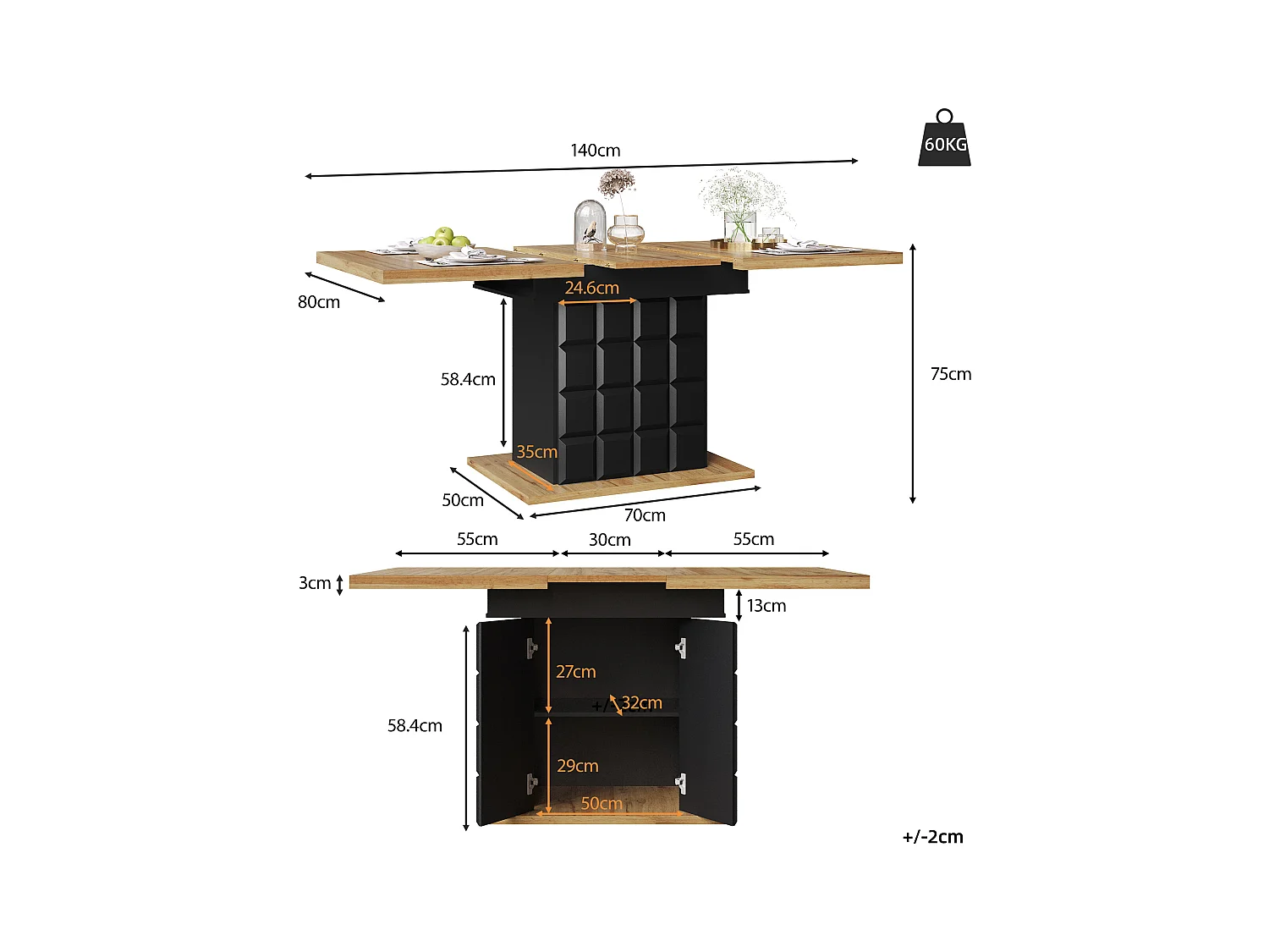 Table extensible, table de salle à manger pliante avec rangement, design moderne, MDF, noir et naturel (110-140x80x75 cm)