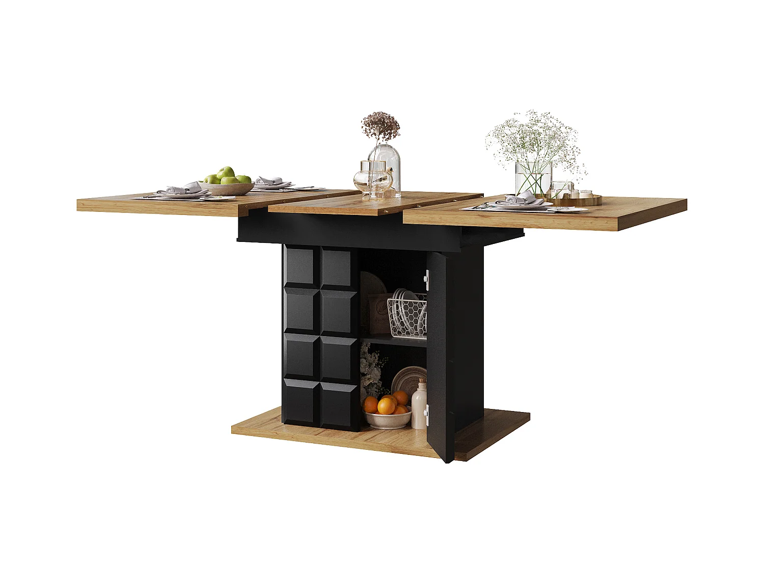 Table extensible, table de salle à manger pliante avec rangement, design moderne, MDF, noir et naturel (110-140x80x75 cm)