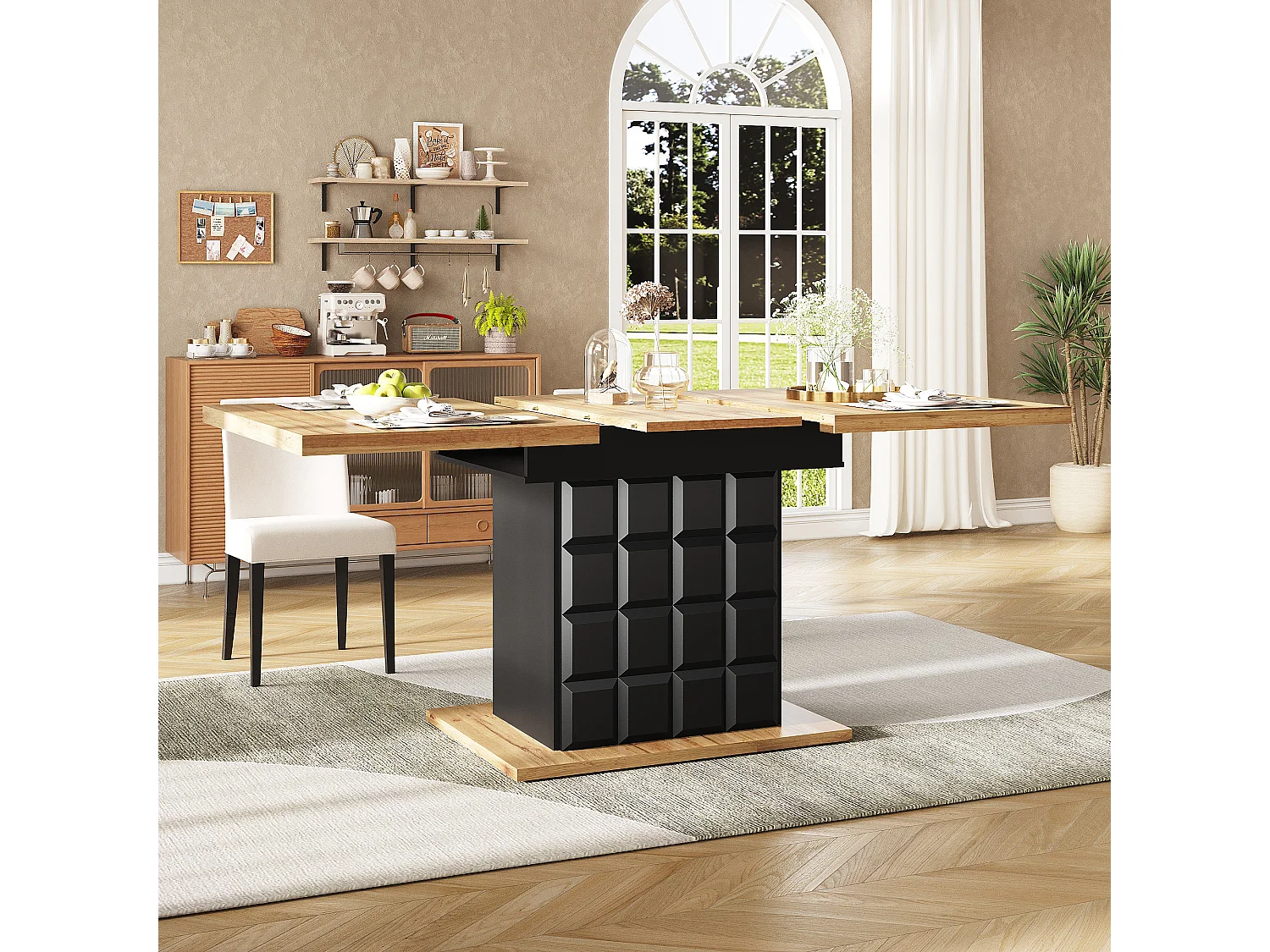 Uitschuifbare tafel, opvouwbare eettafel met opbergruimte, modern design, MDF, zwart en naturel (110-140x80x75 cm)