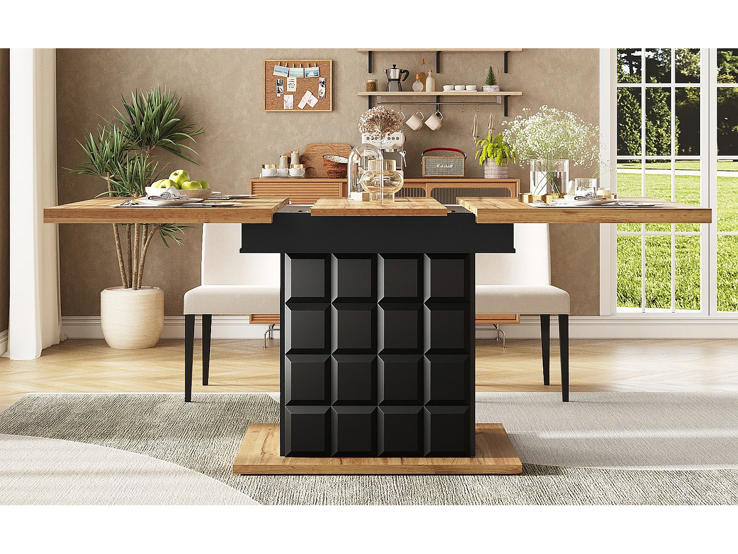 Uitschuifbare tafel, opvouwbare eettafel met opbergruimte, modern design, MDF, zwart en naturel (110-140x80x75 cm)