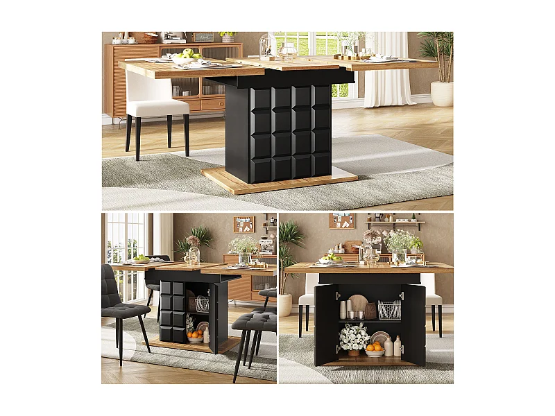 Uitschuifbare tafel, opvouwbare eettafel met opbergruimte, modern design, MDF, zwart en naturel (110-140x80x75 cm)