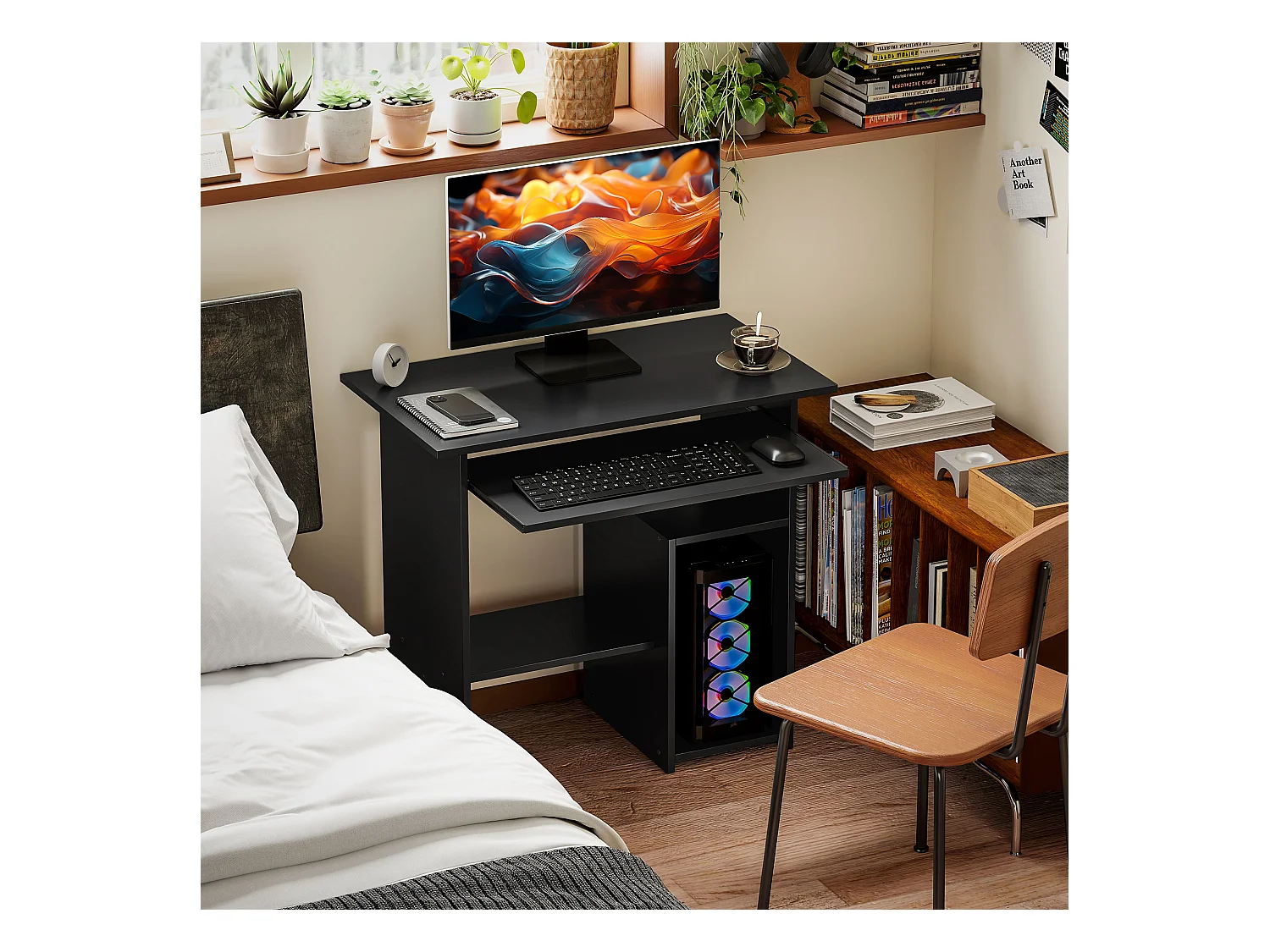 Bureau informatique avec étagères ouvertes et rangement, table de travail, pour bureau ou chambre, contreplaqué, noir (80x45x75 cm)