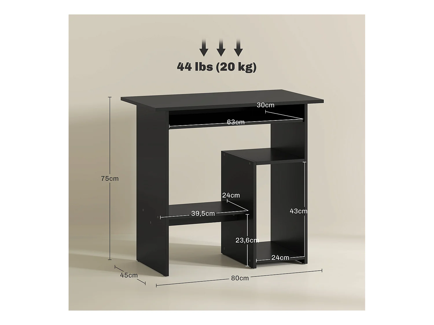 Bureau informatique avec étagères ouvertes et rangement, table de travail, pour bureau ou chambre, contreplaqué, noir (80x45x75 cm)