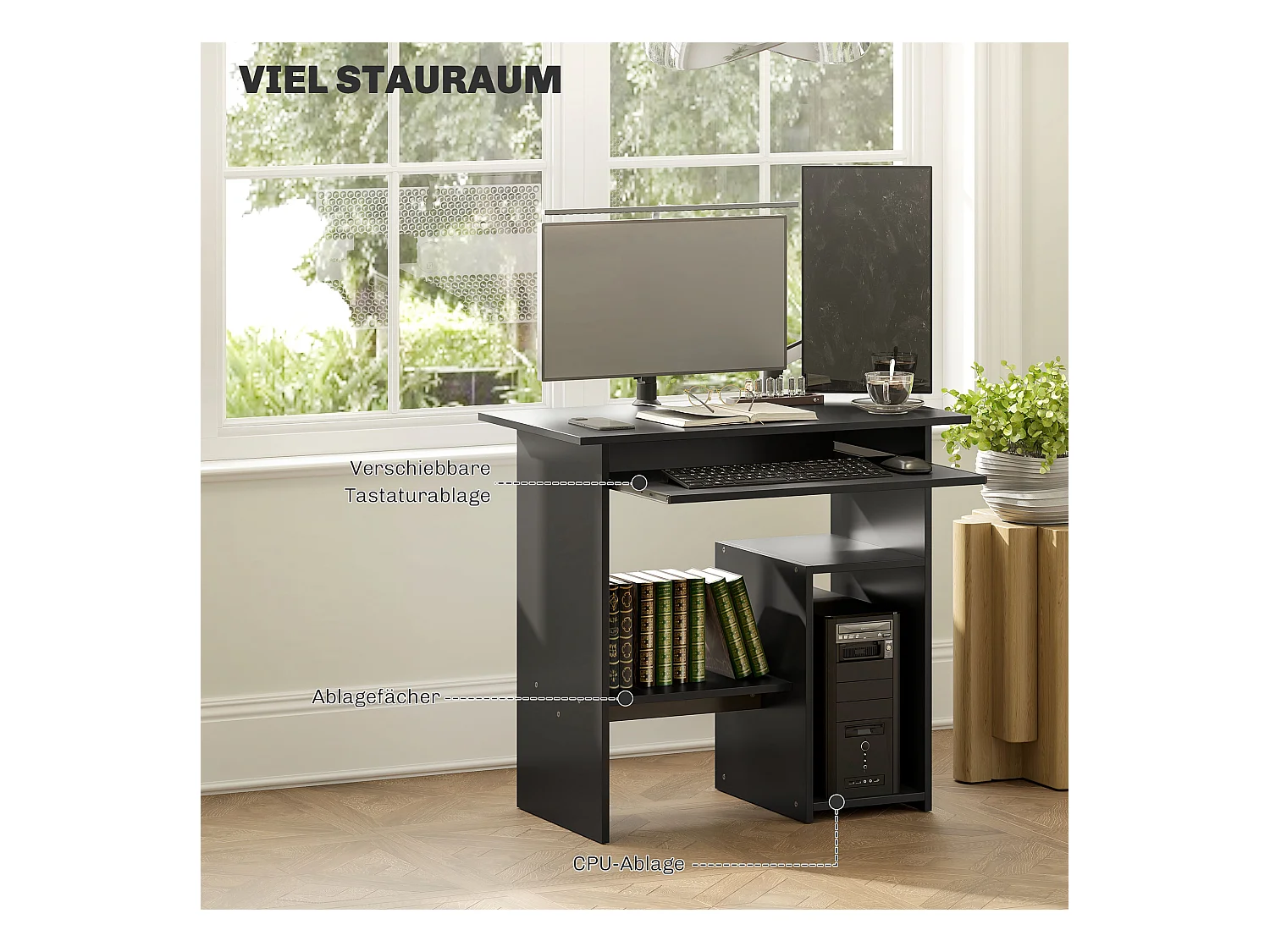 Bureau informatique avec étagères ouvertes et rangement, table de travail, pour bureau ou chambre, contreplaqué, noir (80x45x75 cm)