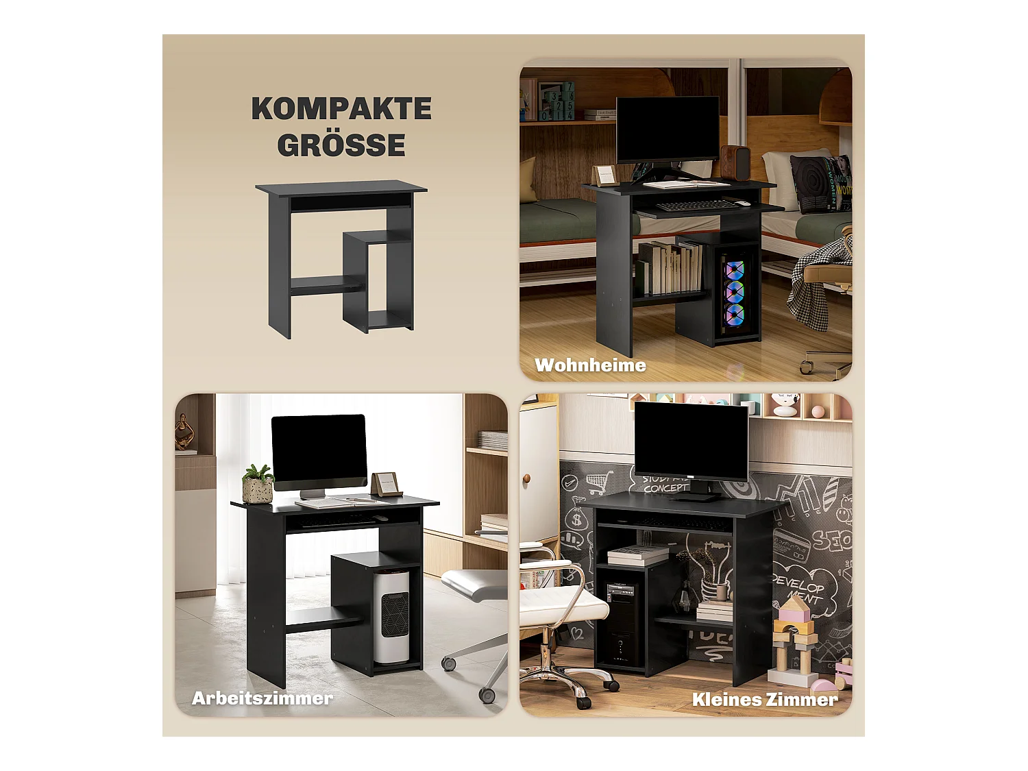 Bureau informatique avec étagères ouvertes et rangement, table de travail, pour bureau ou chambre, contreplaqué, noir (80x45x75 cm)