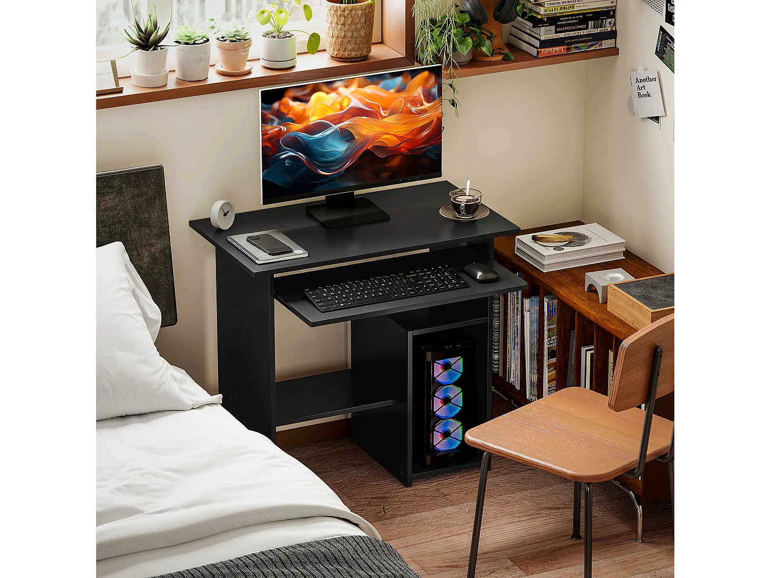 Bureau informatique avec étagères ouvertes et rangement, table de travail, pour bureau ou chambre, contreplaqué, noir (80x45x75 cm)