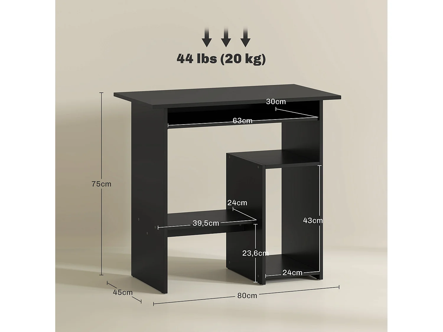 Bureau informatique avec étagères ouvertes et rangement, table de travail, pour bureau ou chambre, contreplaqué, noir (80x45x75 cm)