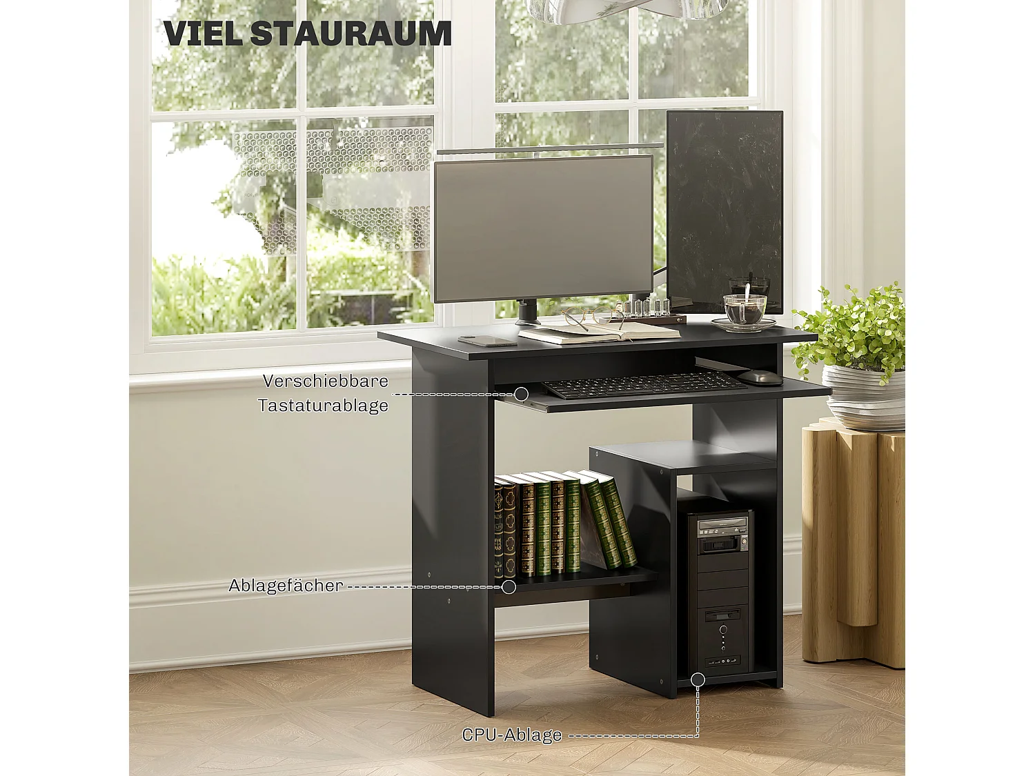 Bureau informatique avec étagères ouvertes et rangement, table de travail, pour bureau ou chambre, contreplaqué, noir (80x45x75 cm)