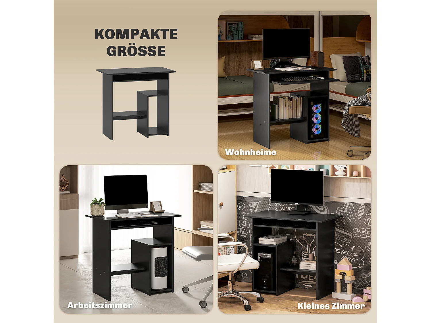 Bureau informatique avec étagères ouvertes et rangement, table de travail, pour bureau ou chambre, contreplaqué, noir (80x45x75 cm)