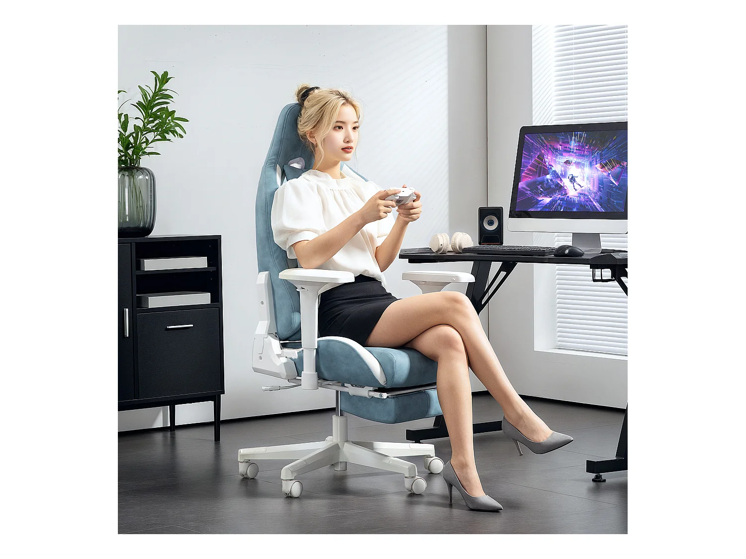 Chaise de bureau ergonomique avec fonction inclinable, cuir synthétique, bleu (74x73x129 cm)